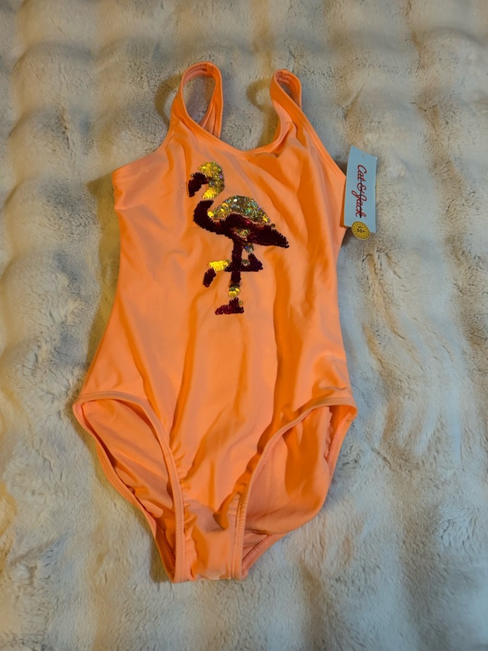 Cat & Jack Neon Orange Sequin Flamingo Swimsuit